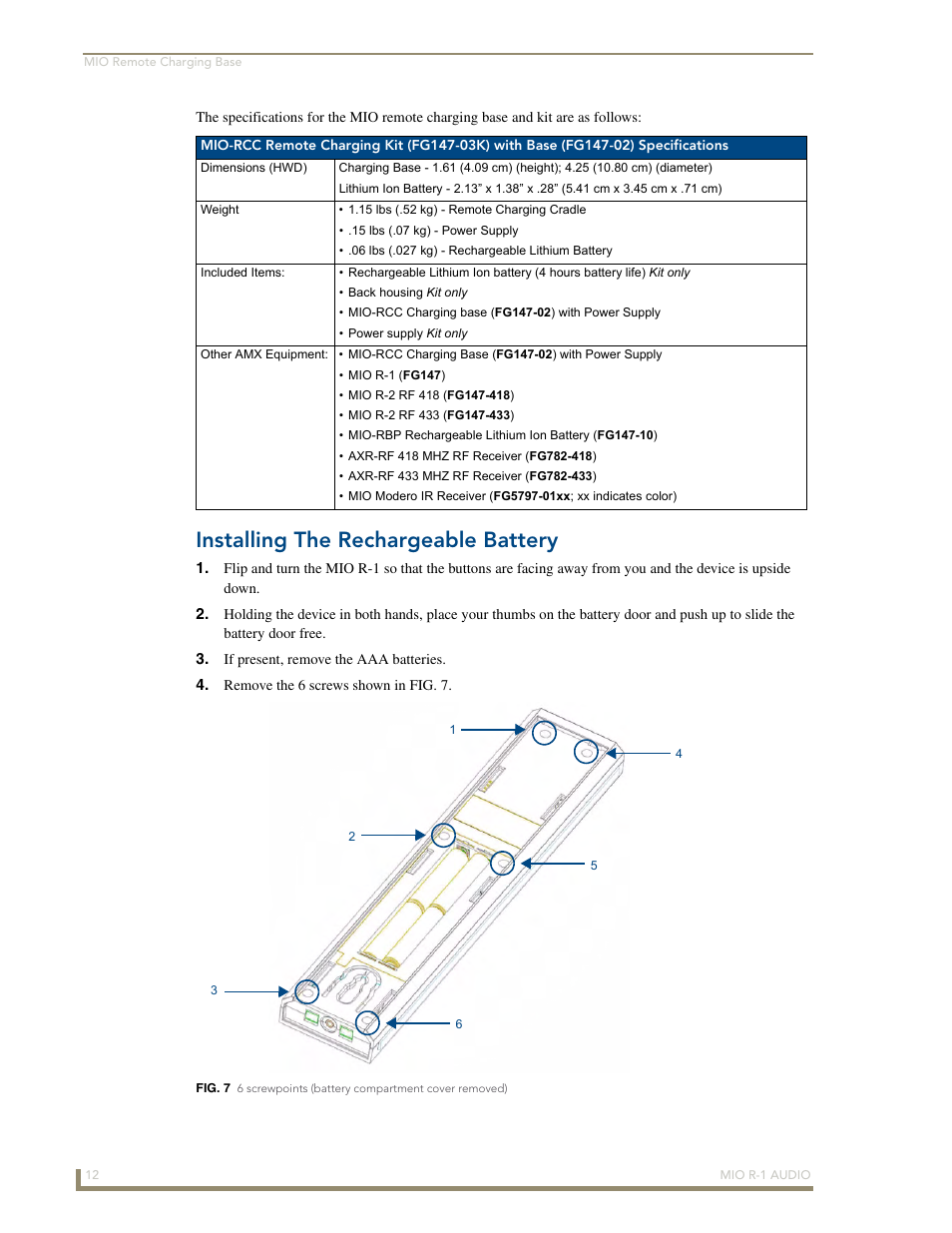 Installing the rechargeable battery | AMX MIO R-1 AUDIO FG147-04 User Manual | Page 16 / 30