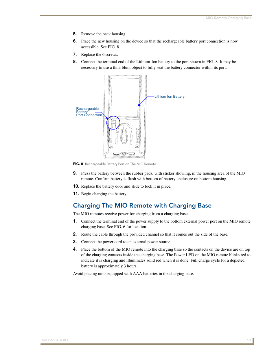 Charging the mio remote with charging base | AMX MIO R-1 AUDIO FG147-04 User Manual | Page 17 / 30