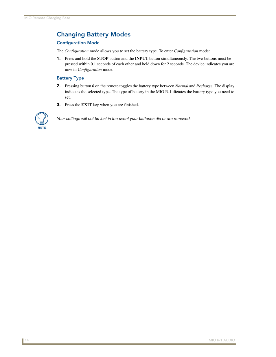 Changing battery modes, Configuration mode, Battery type | AMX MIO R-1 AUDIO FG147-04 User Manual | Page 18 / 30