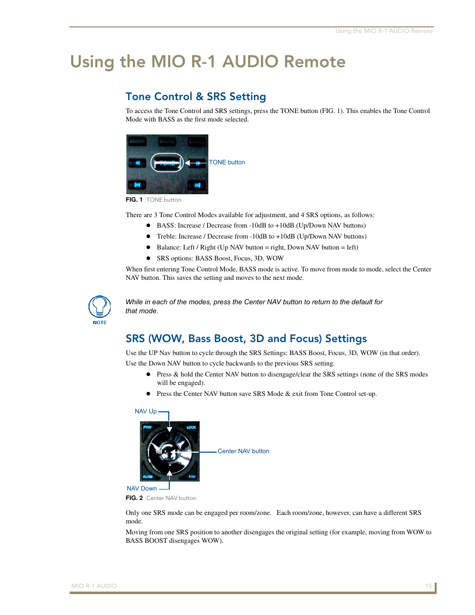 Using the mio r-1 audio remote, Tone control & srs setting, Srs (wow, bass boost, 3d and focus) settings | AMX MIO R-1 AUDIO FG147-04 User Manual | Page 19 / 30