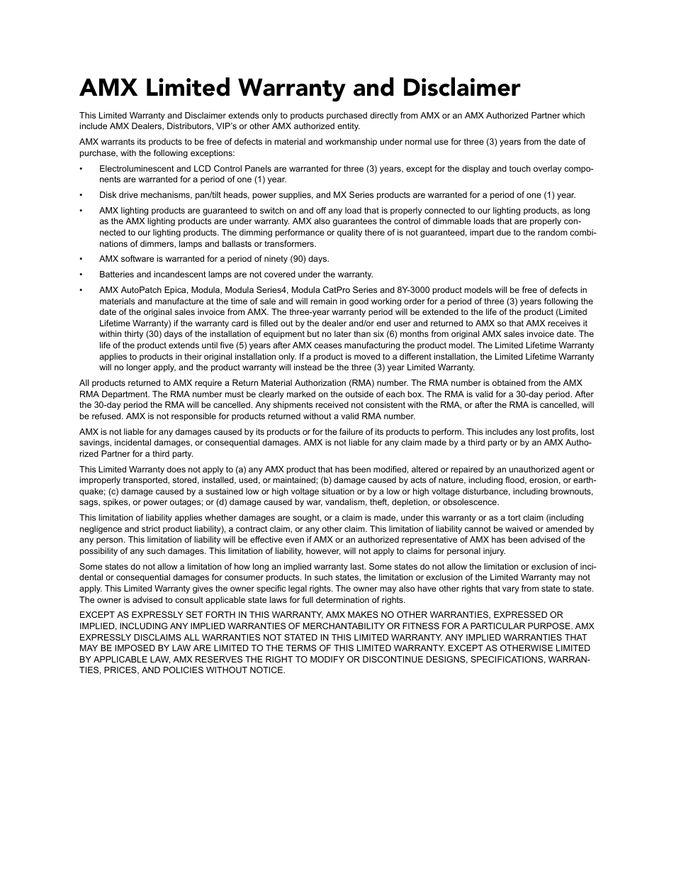 Amx limited warranty and disclaimer | AMX MIO R-1 AUDIO FG147-04 User Manual | Page 2 / 30