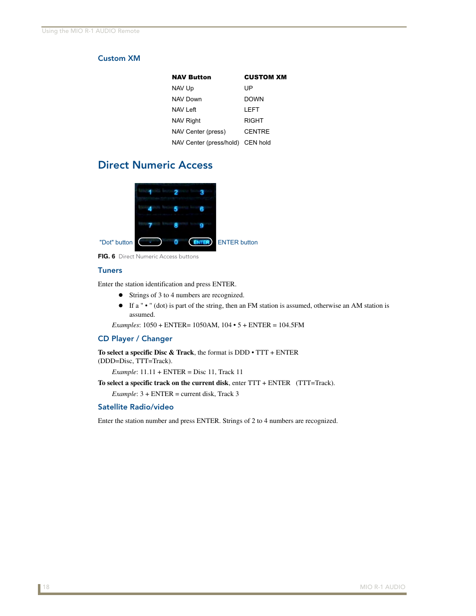 Custom xm, Direct numeric access, Tuners | Cd player / changer, Satellite radio/video | AMX MIO R-1 AUDIO FG147-04 User Manual | Page 22 / 30