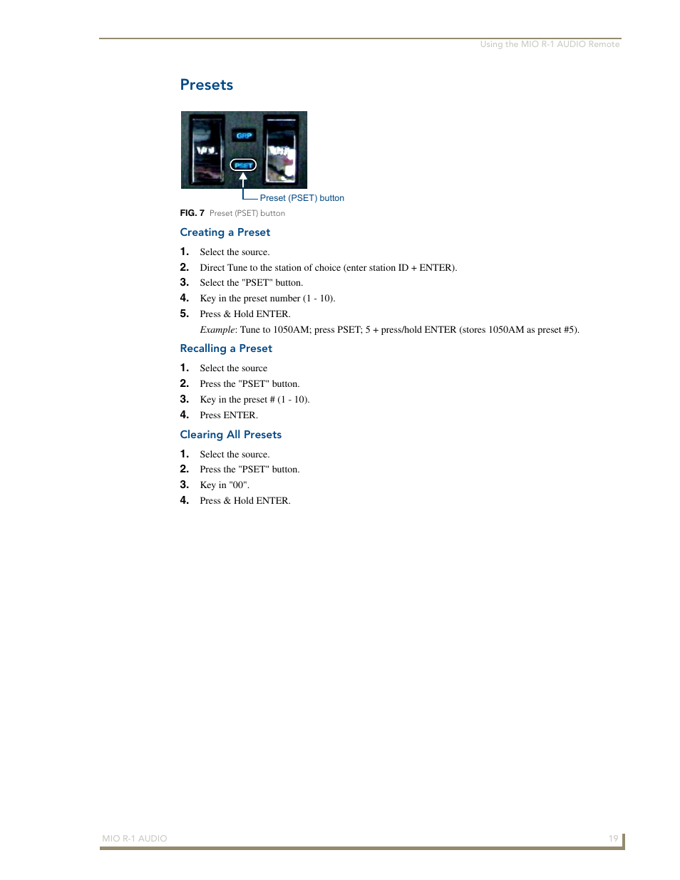 Presets, Creating a preset, Recalling a preset | Clearing all presets | AMX MIO R-1 AUDIO FG147-04 User Manual | Page 23 / 30