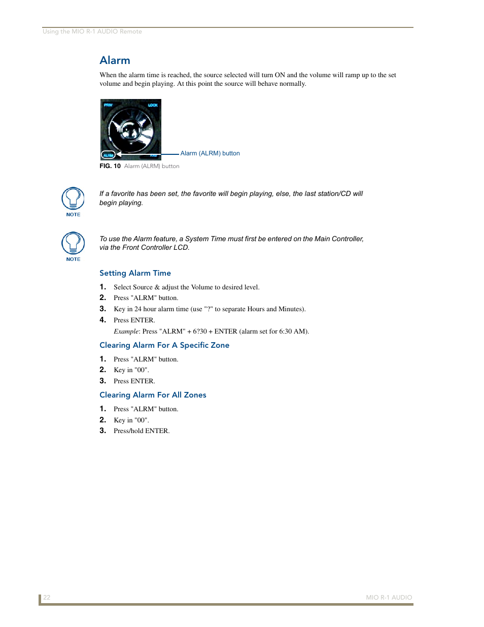 Alarm, Setting alarm time, Clearing alarm for a specific zone | Clearing alarm for all zones | AMX MIO R-1 AUDIO FG147-04 User Manual | Page 26 / 30