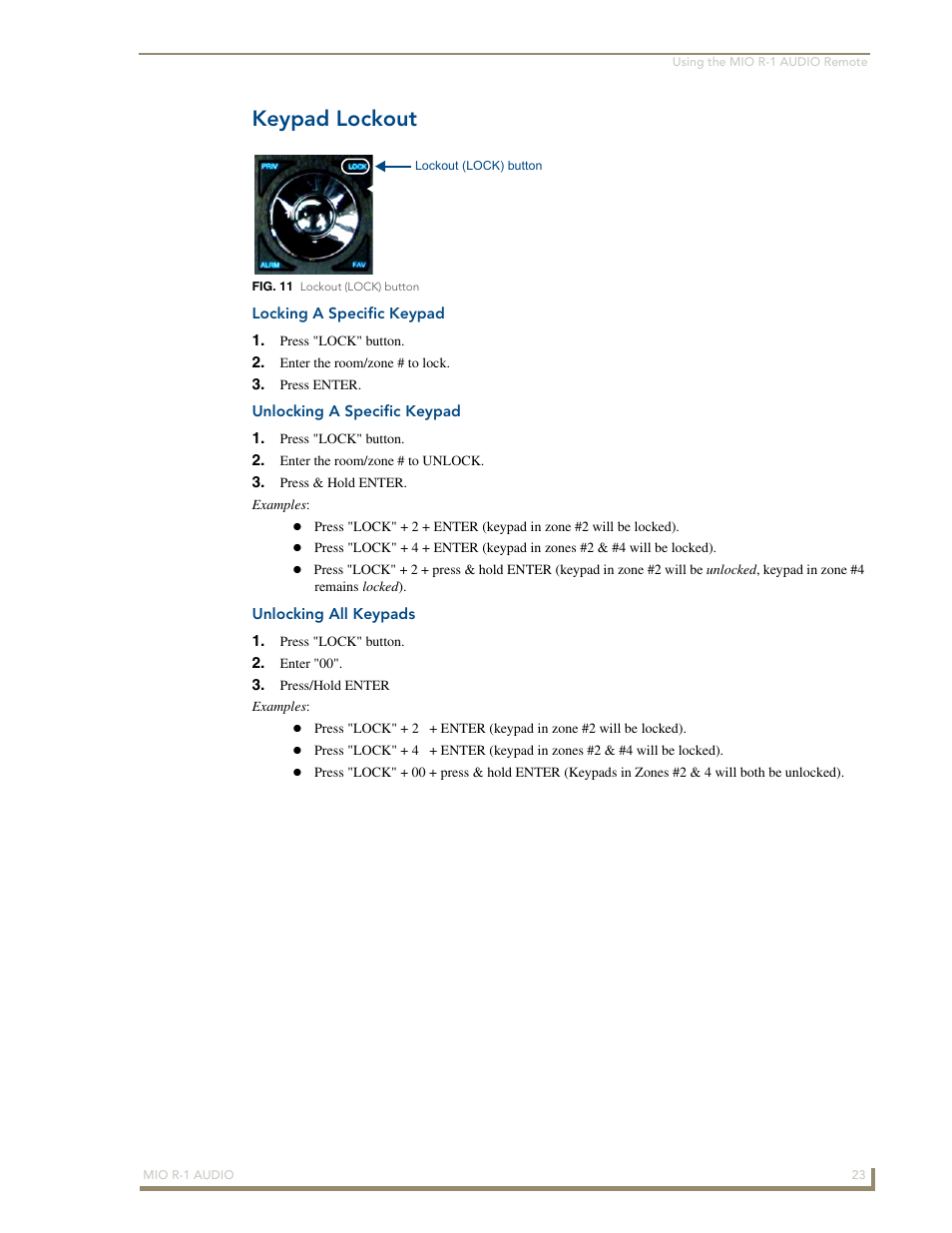 Keypad lockout, Locking a specific keypad, Unlocking a specific keypad | Unlocking all keypads | AMX MIO R-1 AUDIO FG147-04 User Manual | Page 27 / 30