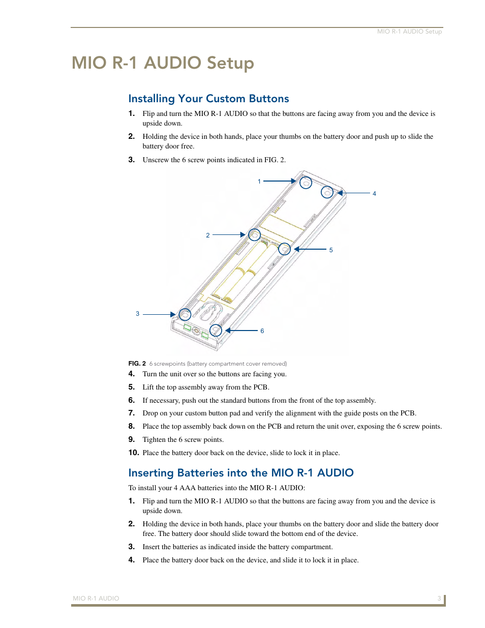 Mio r-1 audio setup, Installing your custom buttons, Inserting batteries into the mio r-1 audio | AMX MIO R-1 AUDIO FG147-04 User Manual | Page 7 / 30