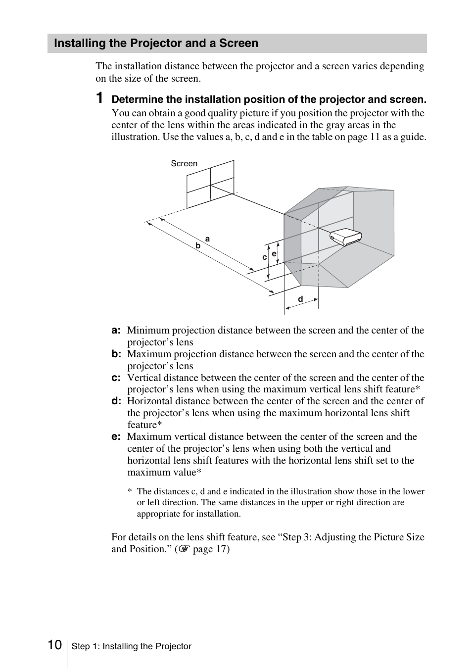 Installing the projector and a screen, Installing the projector and, A screen | Sony VPL-HS51A User Manual | Page 10 / 68