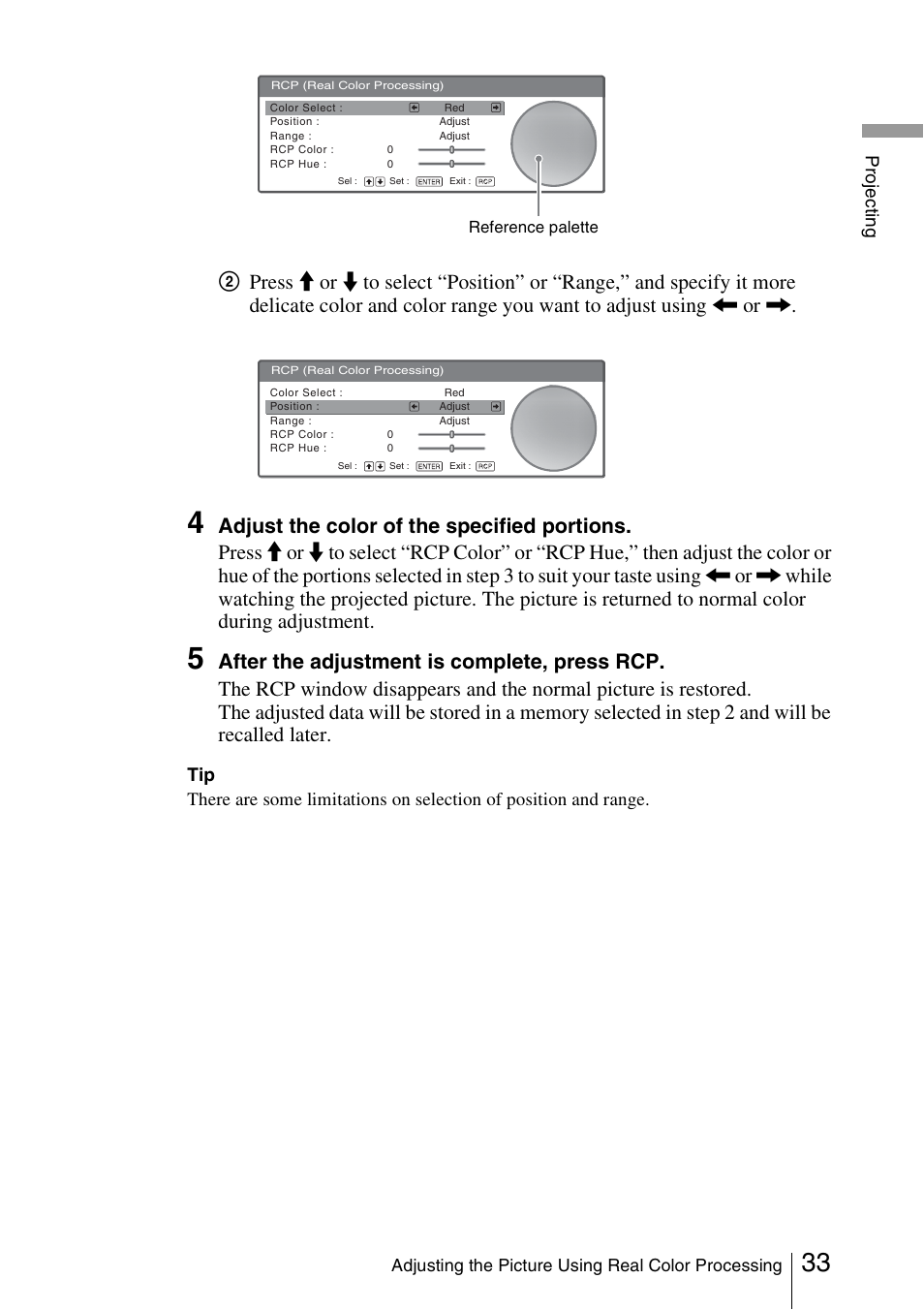 2 press, Adjust the color of the specified portions. press | Sony VPL-HS51A User Manual | Page 33 / 68