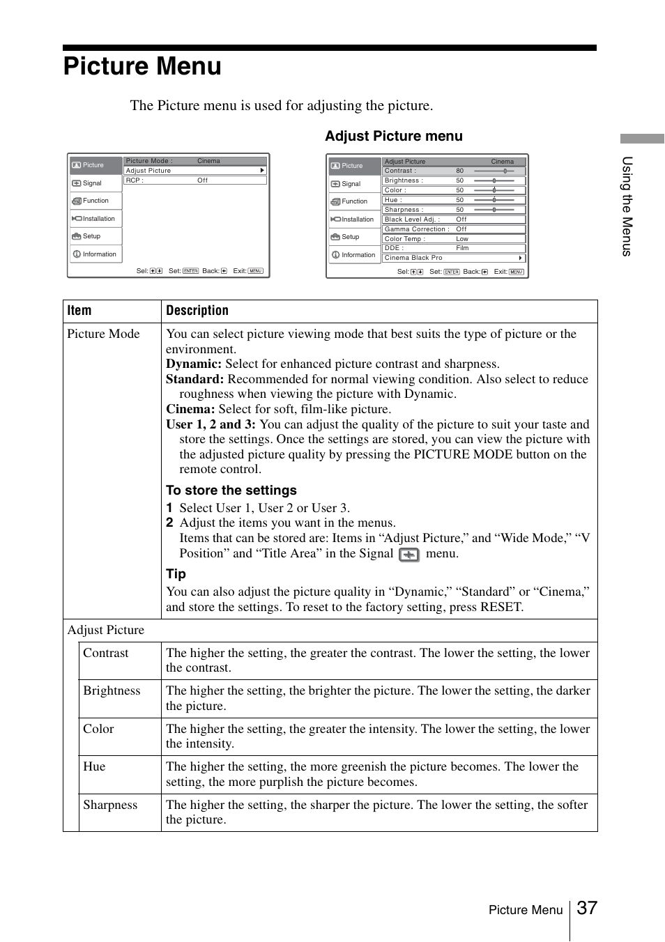 Picture menu, The picture menu is used for adjusting the picture, Adjust picture menu | Sony VPL-HS51A User Manual | Page 37 / 68