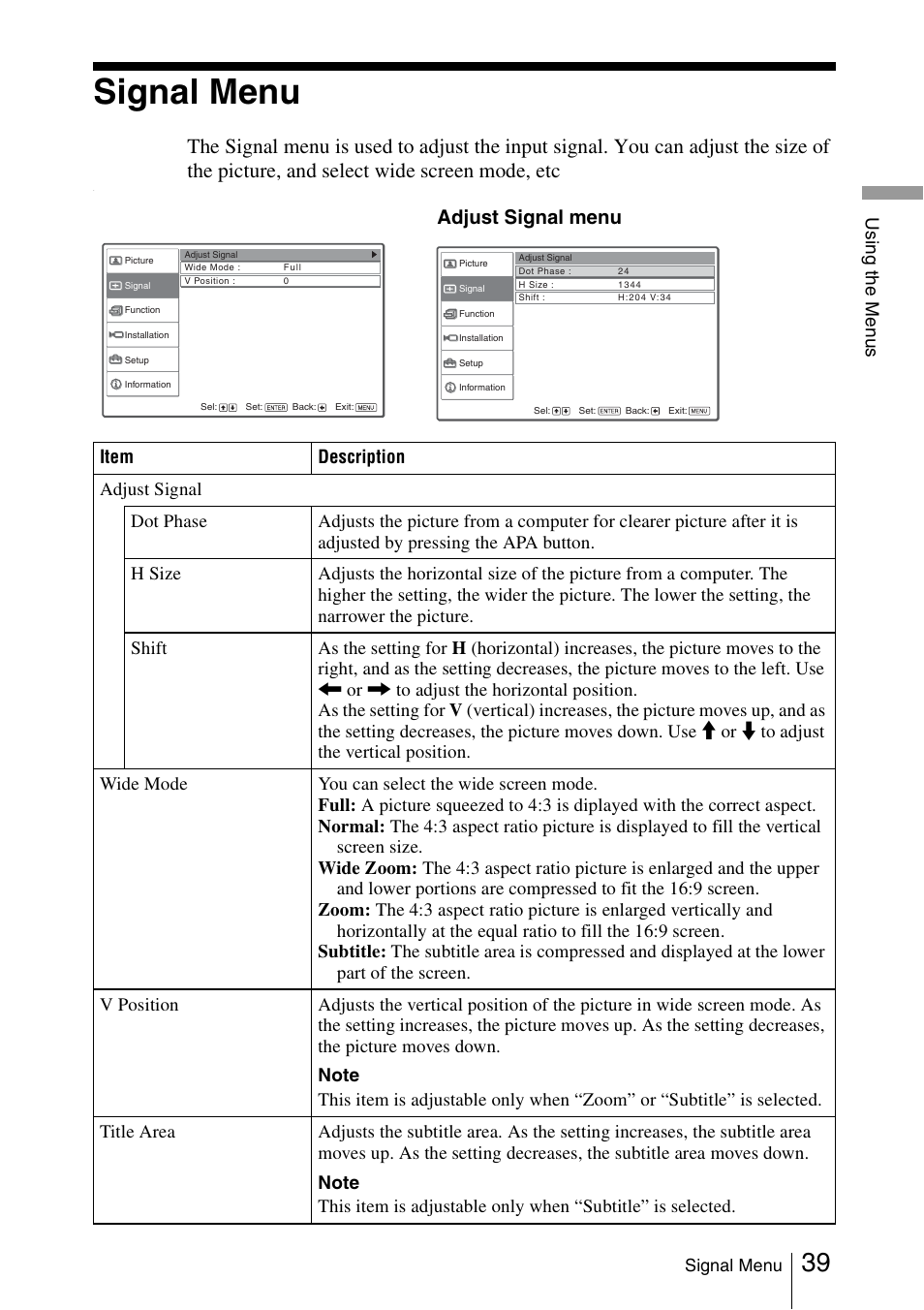 Signal menu, Adjust signal menu | Sony VPL-HS51A User Manual | Page 39 / 68
