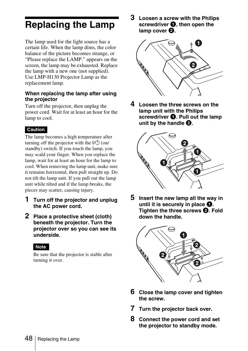 Replacing the lamp, S 48 a | Sony VPL-HS51A User Manual | Page 48 / 68