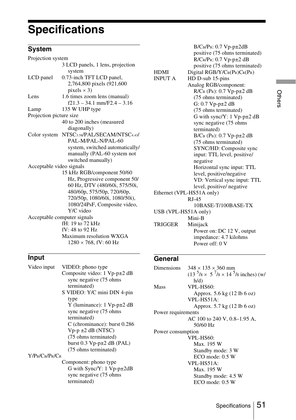 Specifications, System, Input | General | Sony VPL-HS51A User Manual | Page 51 / 68
