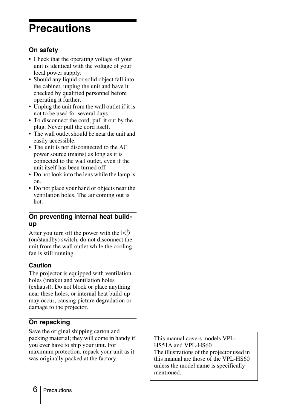 Precautions | Sony VPL-HS51A User Manual | Page 6 / 68