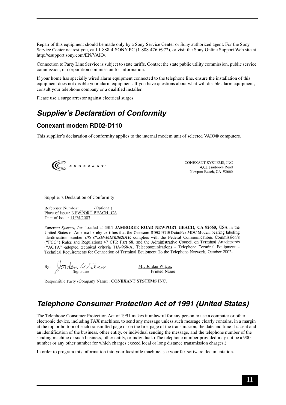 Supplier’s declaration of conformity | Sony VGC-LS1 User Manual | Page 11 / 16