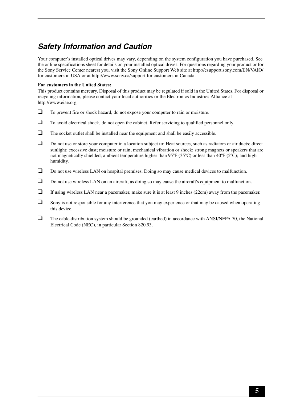 Safety information and caution | Sony VGC-LS1 User Manual | Page 5 / 16