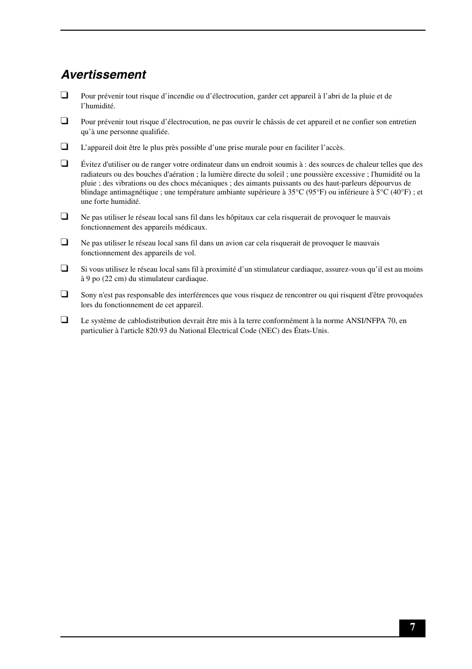 Avertissement | Sony VGC-LS1 User Manual | Page 7 / 16