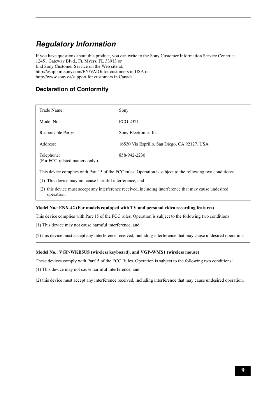 Regulatory information, Declaration of conformity | Sony VGC-LS1 User Manual | Page 9 / 16