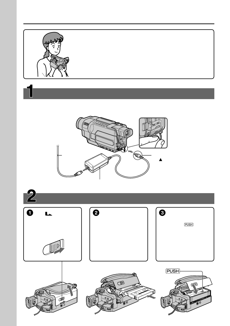 Quick start guide, Recording on a tape, Quick start guide – recording on a tape | Inserting a cassette, Connecting the power cord | Sony DCR-TRV250 User Manual | Page 10 / 268