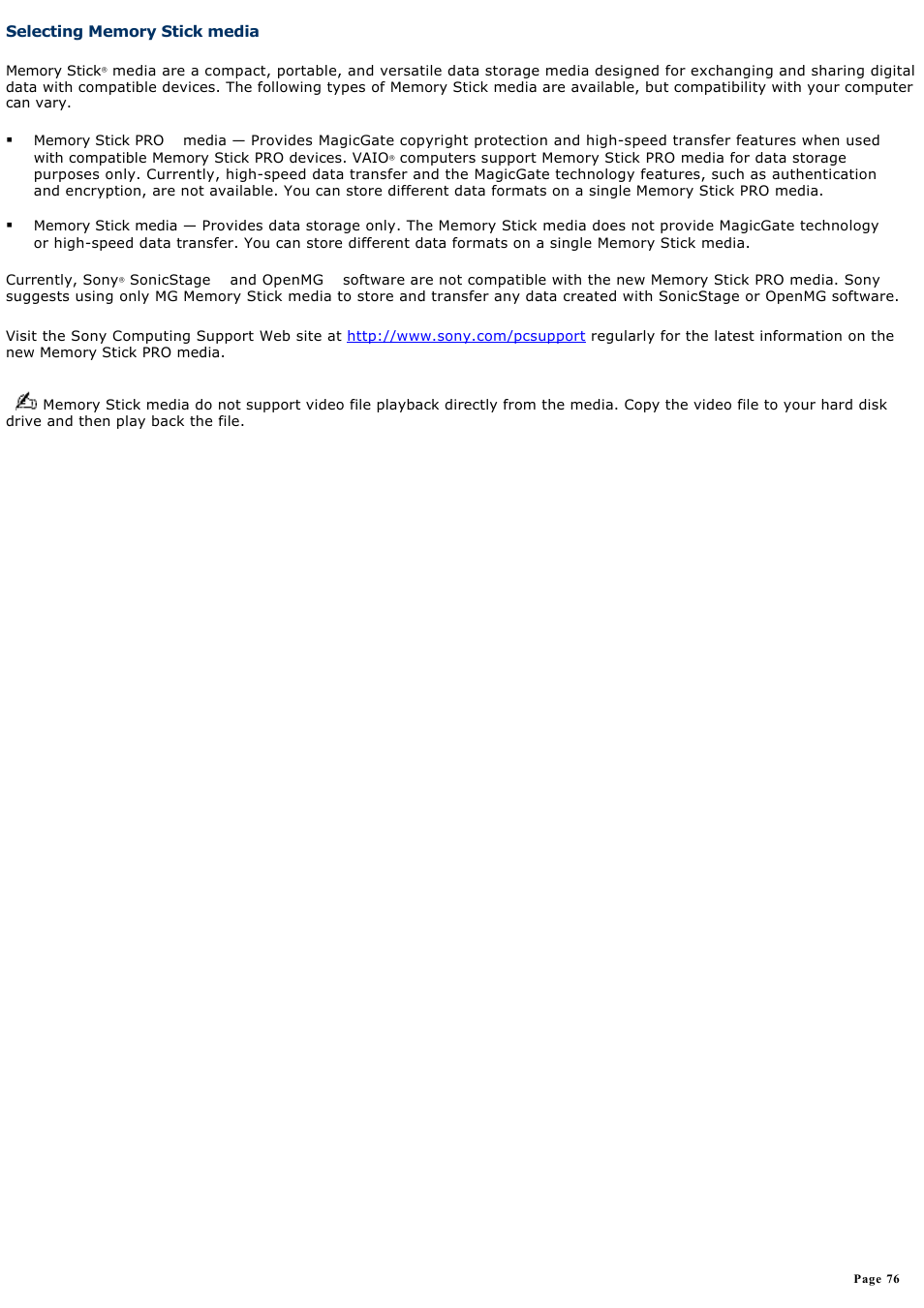 Selecting memory stick media | Sony PCG-K12P User Manual | Page 76 / 145