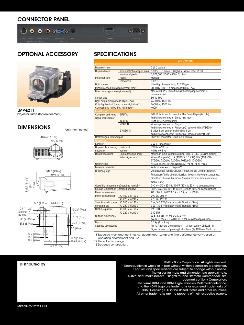 Distributed by, Lmp-e211 | Sony VPL-BW120S User Manual | Page 4 / 4