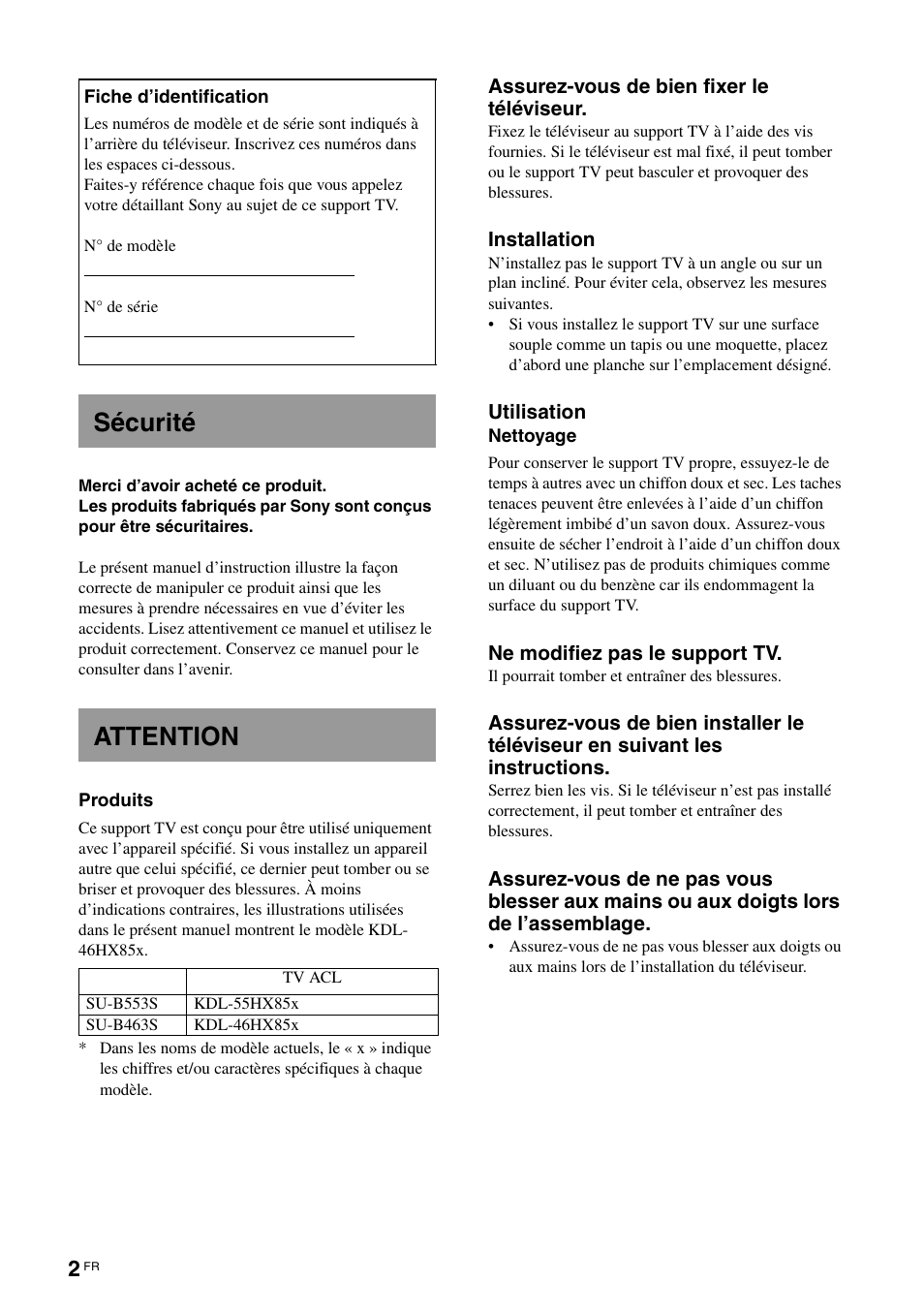 Sécurité, Attention, Sécurité attention | Sony SU-B463S User Manual | Page 10 / 35