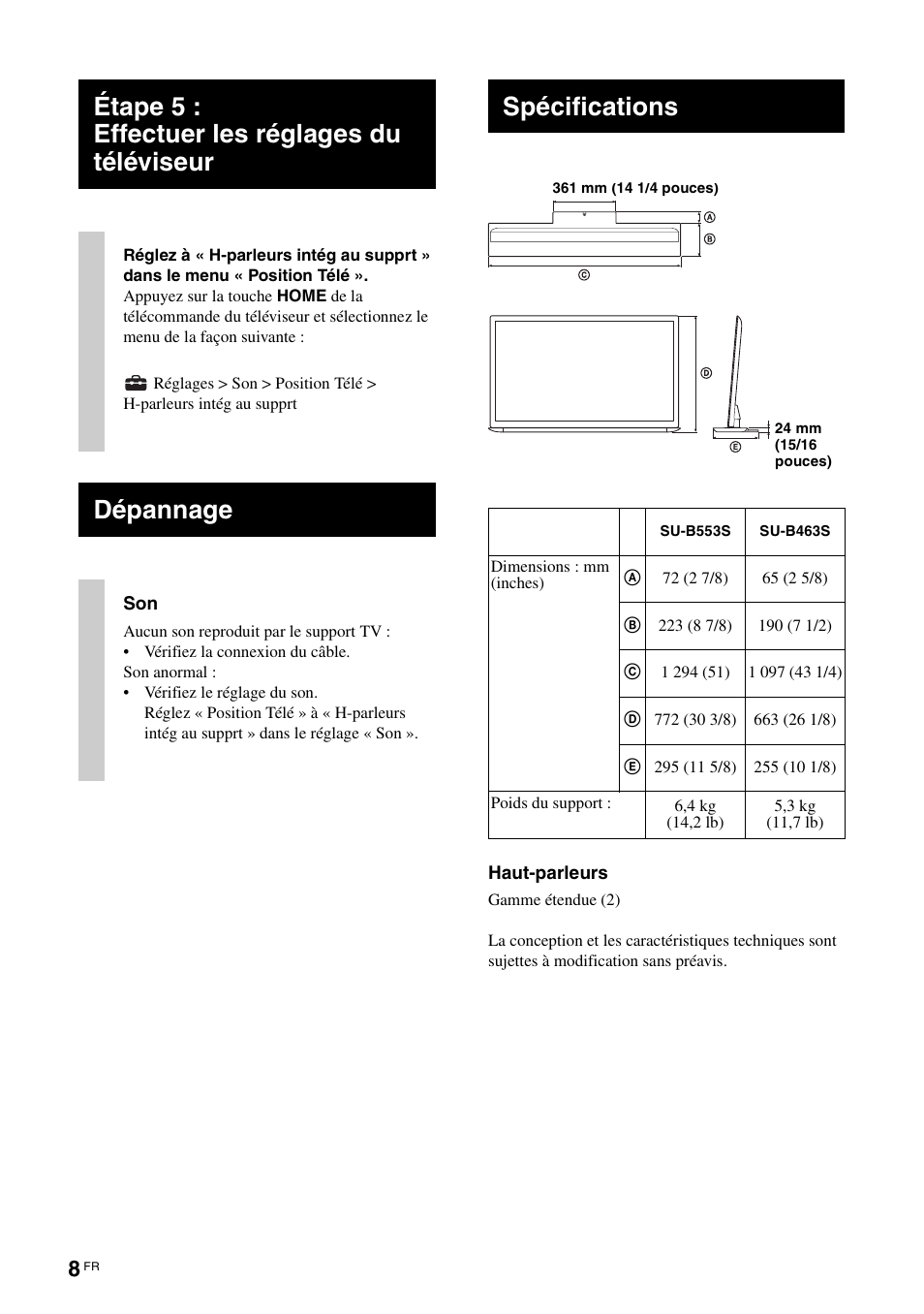 Étape 5 : effectuer les réglages du téléviseur, Dépannage, Spécifications | Sony SU-B463S User Manual | Page 16 / 35