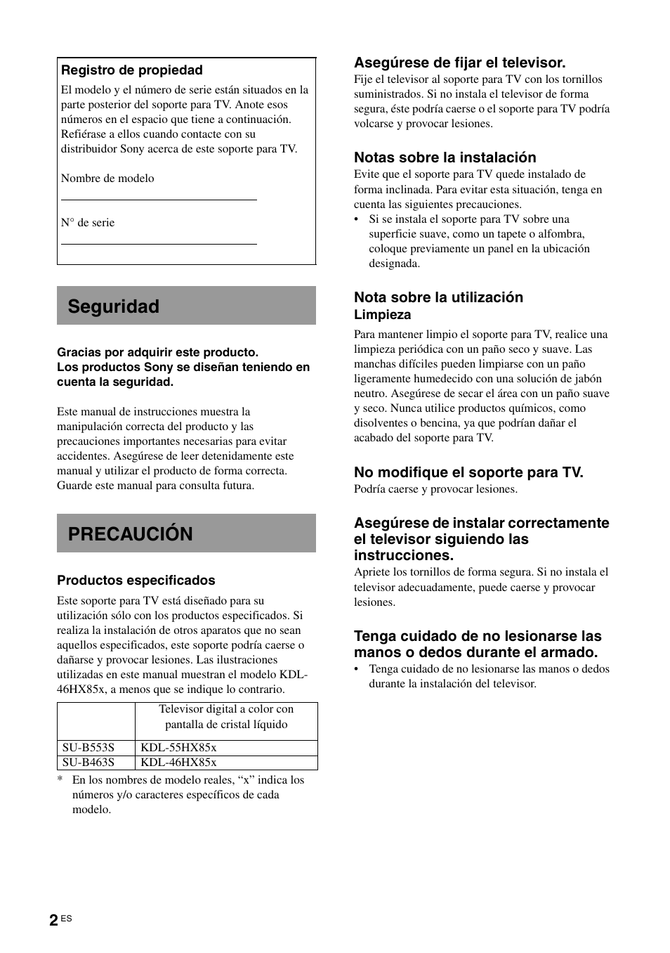 Seguridad, Precaución, Seguridad precaución | Sony SU-B463S User Manual | Page 18 / 35