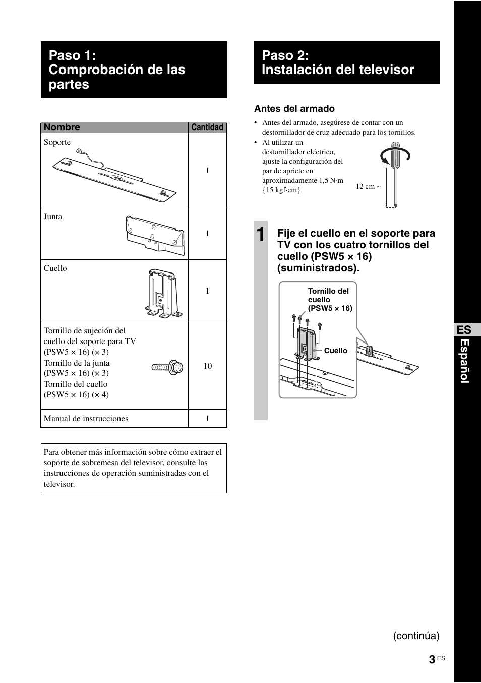 Paso 1: comprobación de las partes, Paso 2: instalación del televisor | Sony SU-B463S User Manual | Page 19 / 35