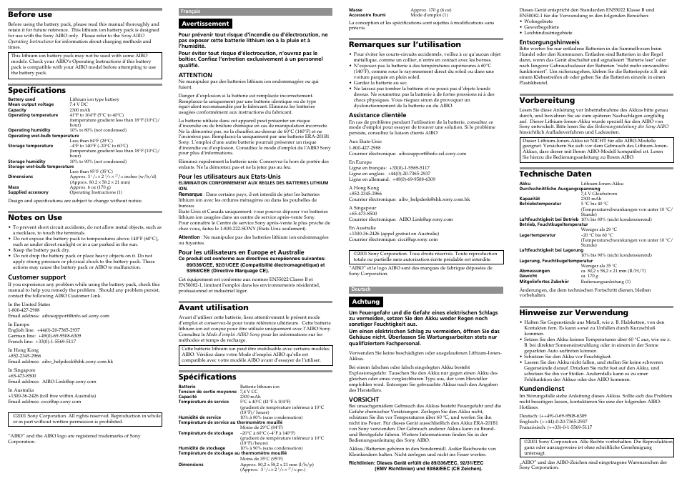 Before use, Specifications, Avant utilisation | Spécifications, Remarques sur l’utilisation, Vorbereitung, Technische daten, Hinweise zur verwendung | Sony ERA-201B1 User Manual | Page 2 / 2