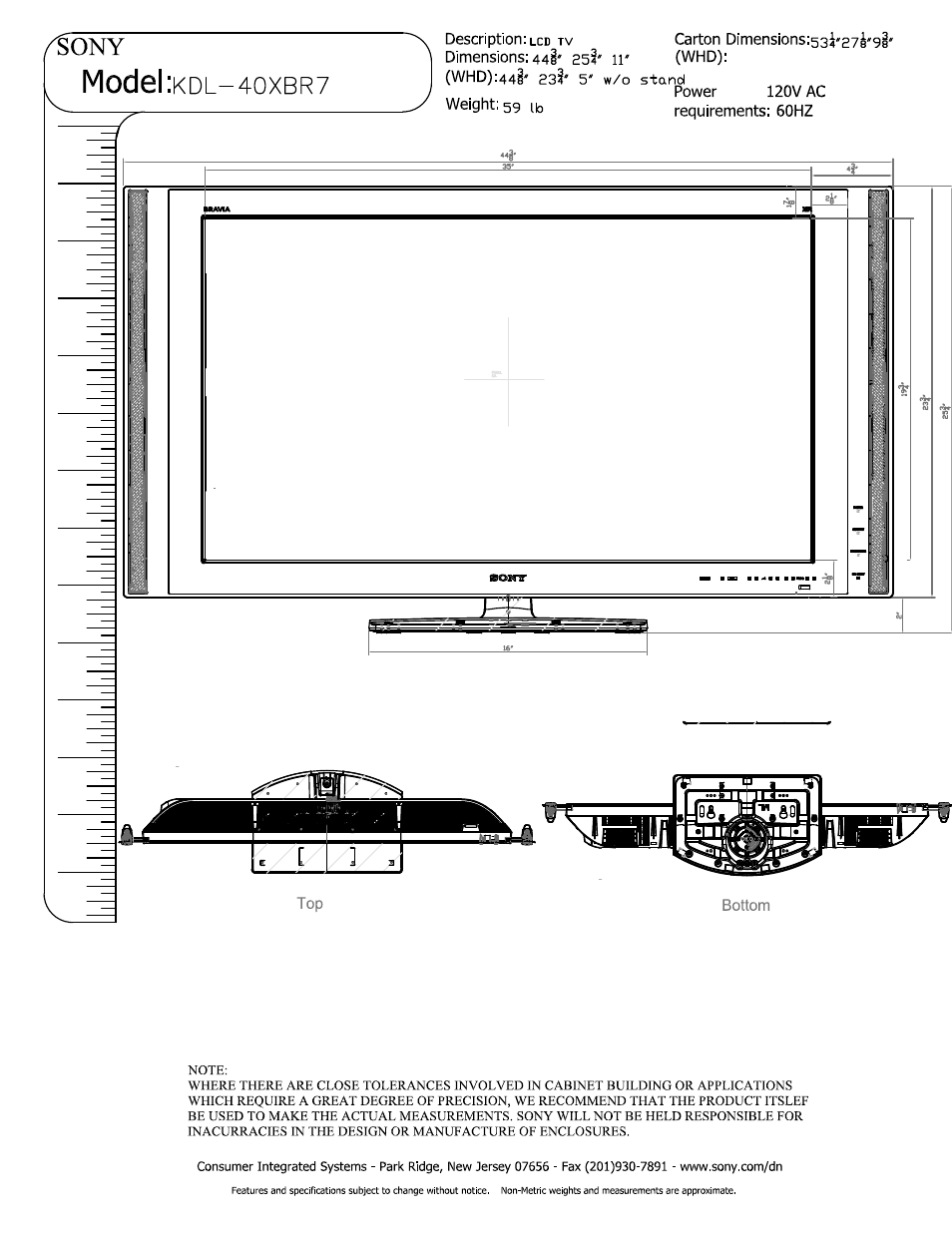 Sony KDL-40XBR7 User Manual | 2 pages