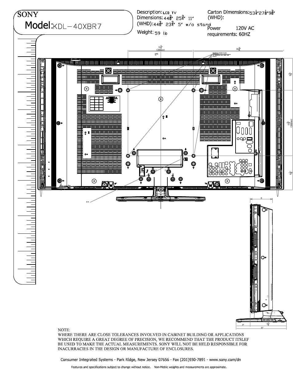 Sony, Model :kdl-4oxbr7, Model | Oxbr, Whd):44i | Sony KDL-40XBR7 User Manual | Page 2 / 2