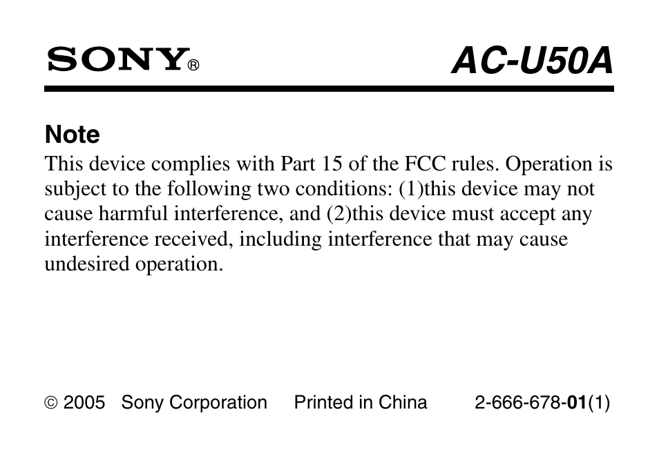 Sony AC U50A User Manual | 1 page