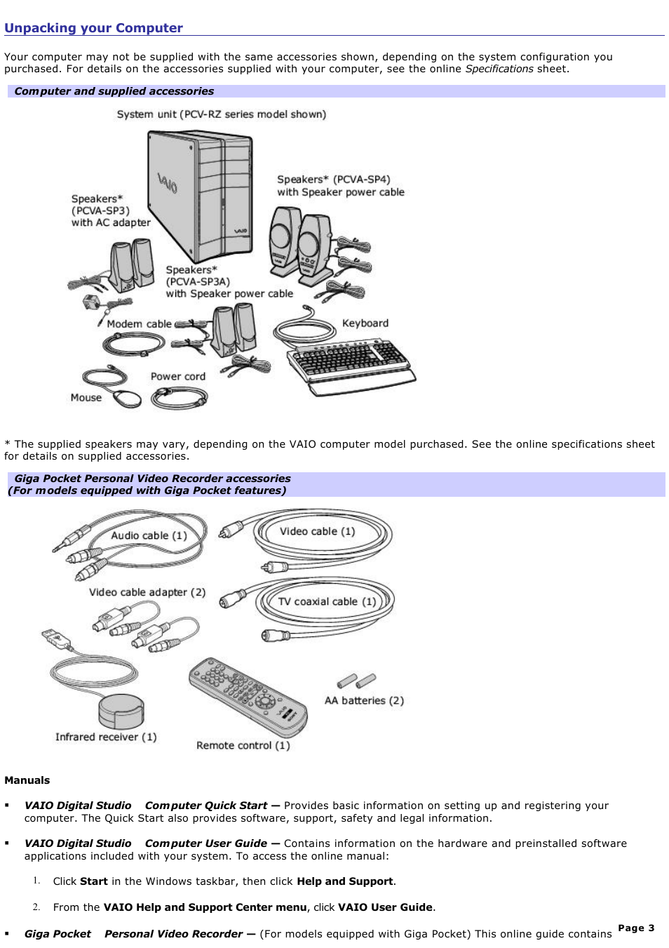 Unpacking your computer | Sony PCV-RX851 User Manual | Page 3 / 119