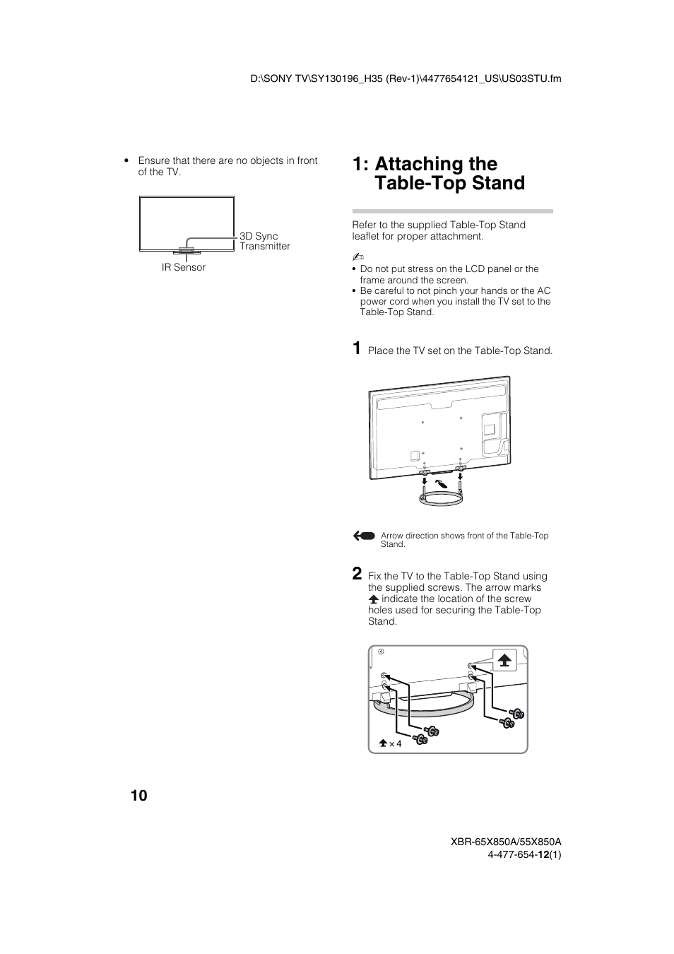 Attaching the table-top stand | Sony XBR-55X850A User Manual | Page 10 / 36