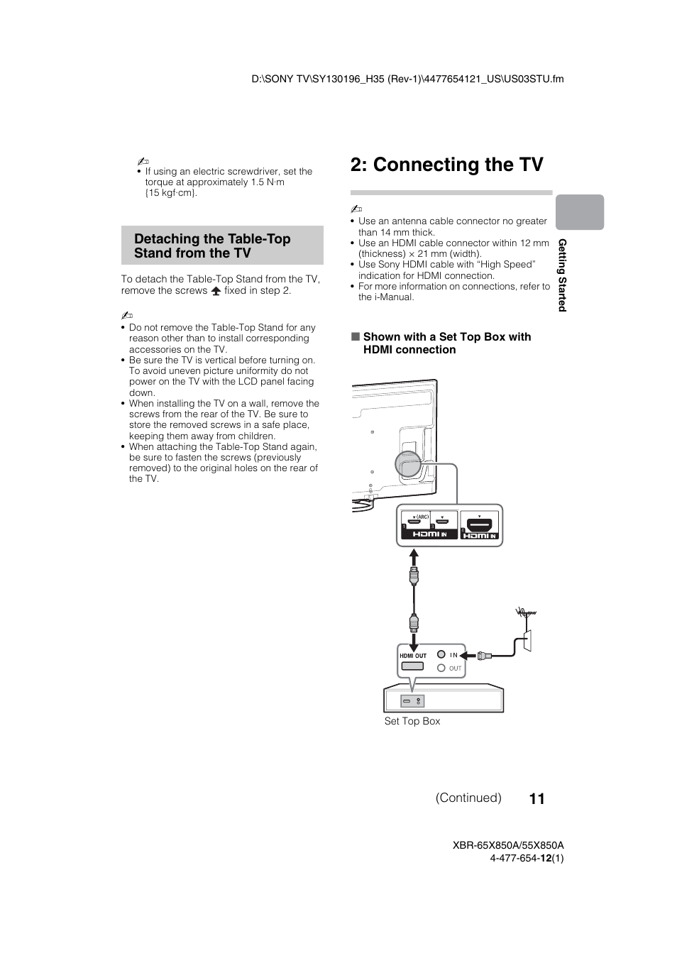 Connecting the tv, Detaching the table-top stand from the tv | Sony XBR-55X850A User Manual | Page 11 / 36