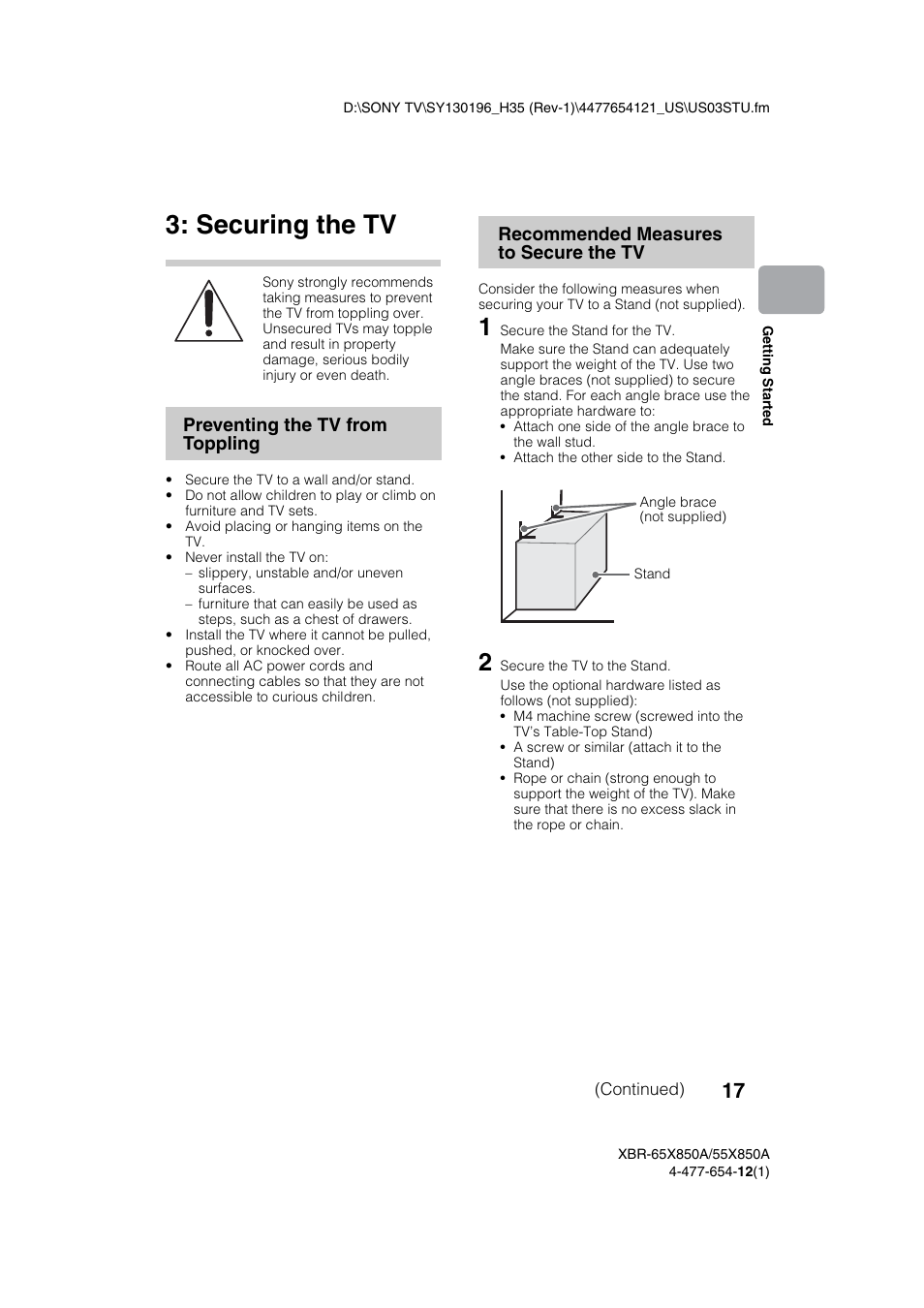 Securing the tv | Sony XBR-55X850A User Manual | Page 17 / 36