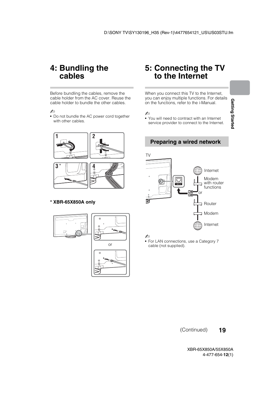 Bundling the cables, Connecting the tv to the internet | Sony XBR-55X850A User Manual | Page 19 / 36