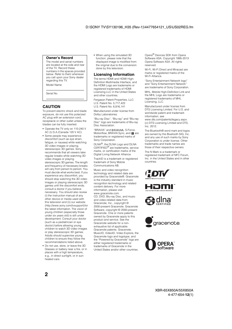 Caution, Licensing information | Sony XBR-55X850A User Manual | Page 2 / 36