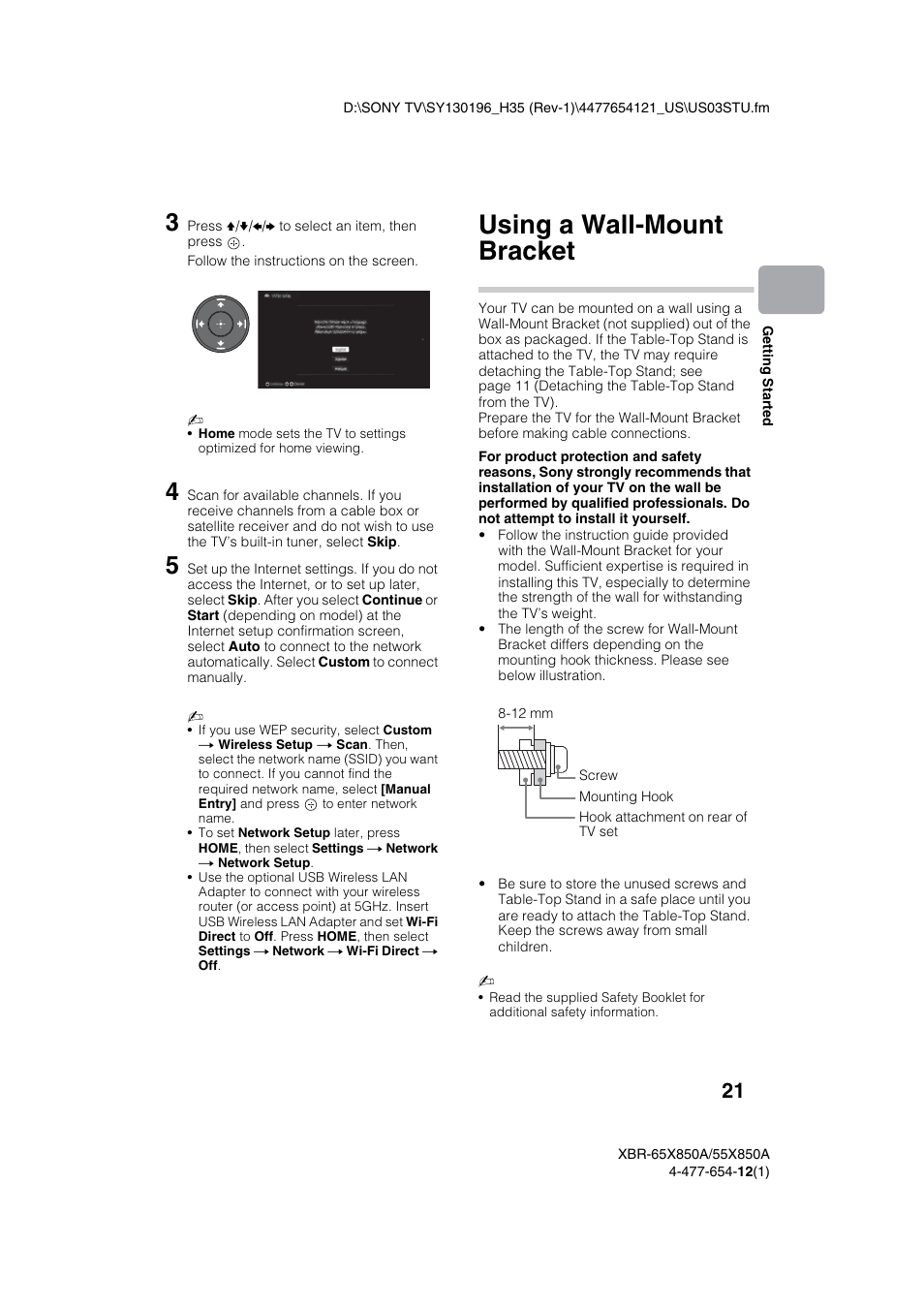 Using a wall-mount bracket | Sony XBR-55X850A User Manual | Page 21 / 36