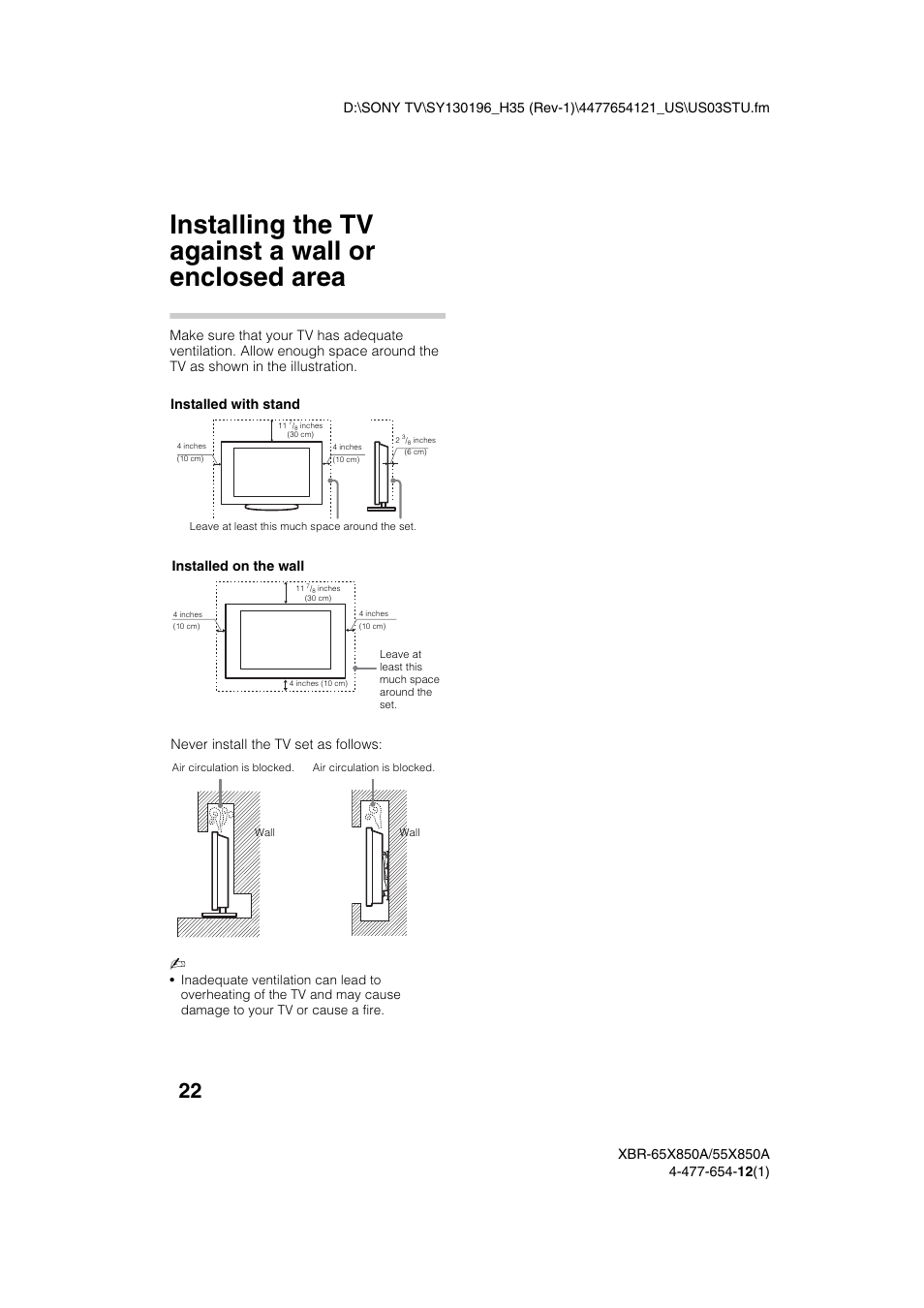 Installing the tv against a wall or enclosed area, Installed with stand, Installed on the wall | Never install the tv set as follows | Sony XBR-55X850A User Manual | Page 22 / 36