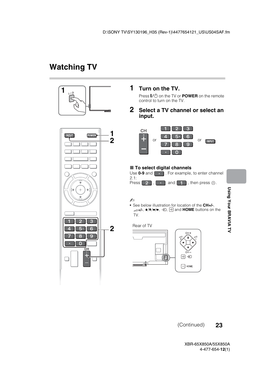 Using your bravia tv, Watching tv | Sony XBR-55X850A User Manual | Page 23 / 36