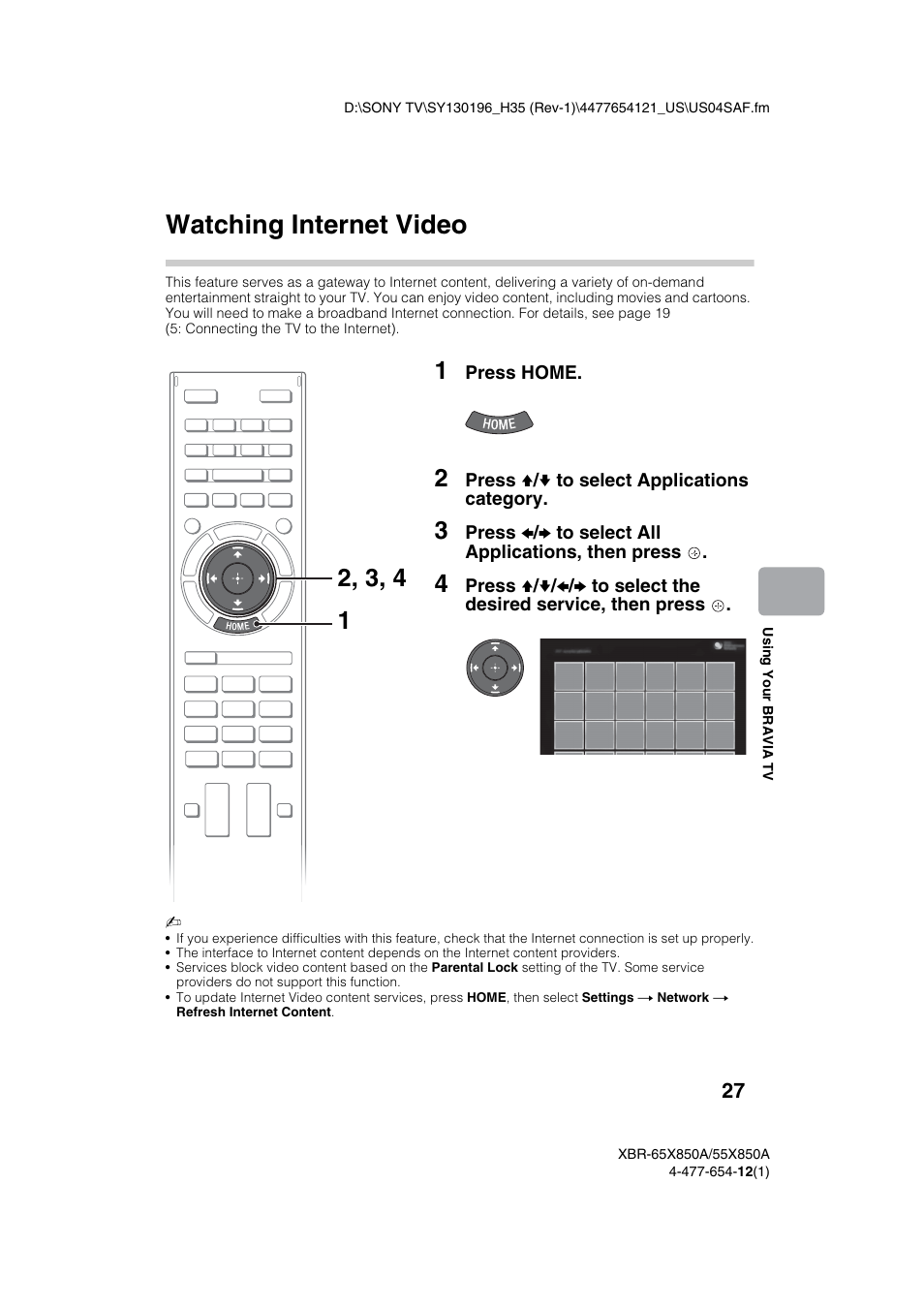 Watching internet video | Sony XBR-55X850A User Manual | Page 27 / 36