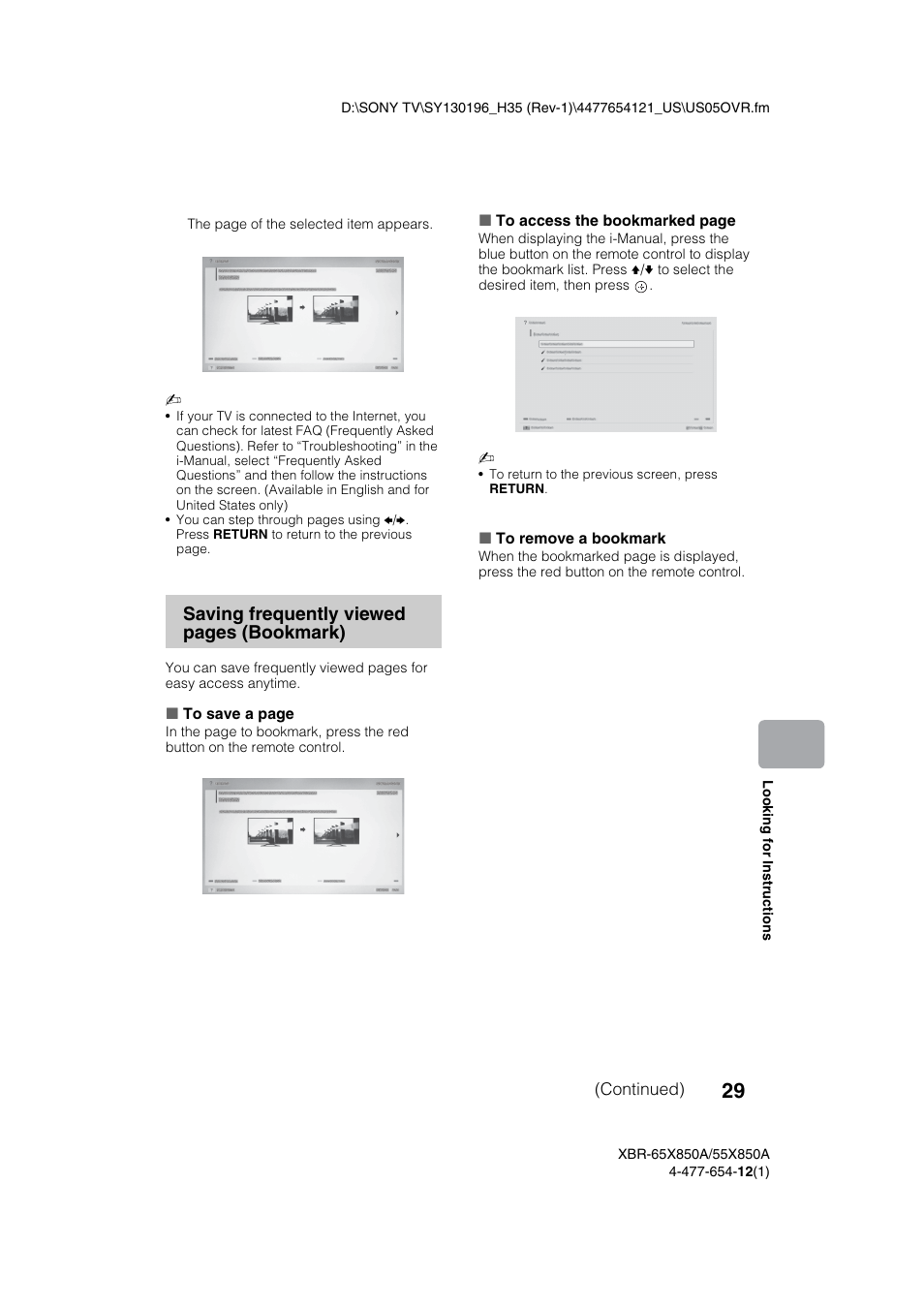 Saving frequently viewed pages (bookmark) | Sony XBR-55X850A User Manual | Page 29 / 36