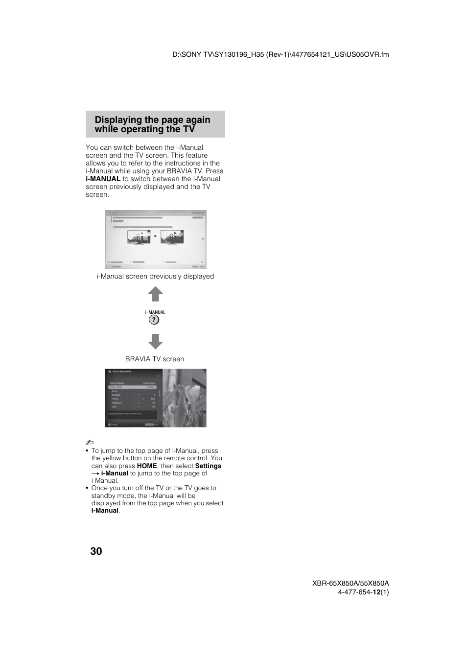 Displaying the page again while operating the tv | Sony XBR-55X850A User Manual | Page 30 / 36