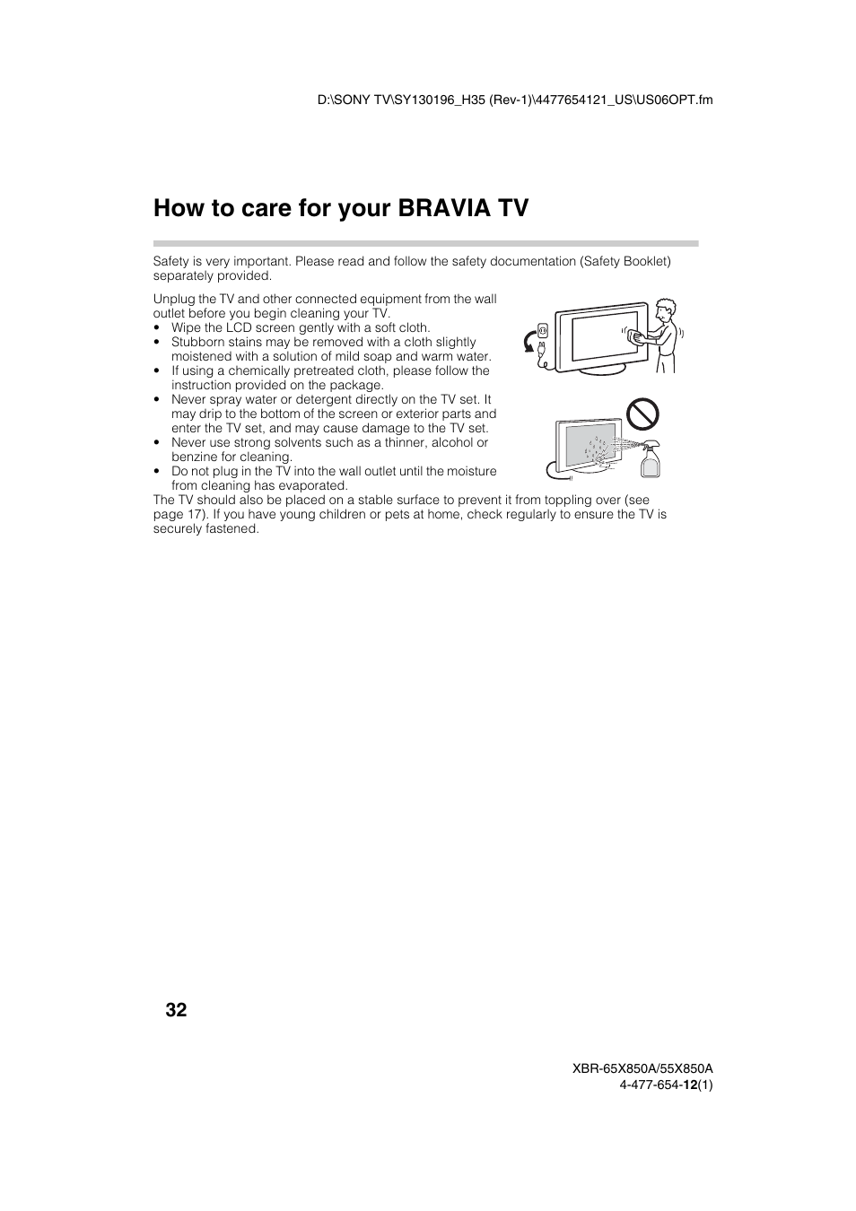 How to care for your bravia tv | Sony XBR-55X850A User Manual | Page 32 / 36