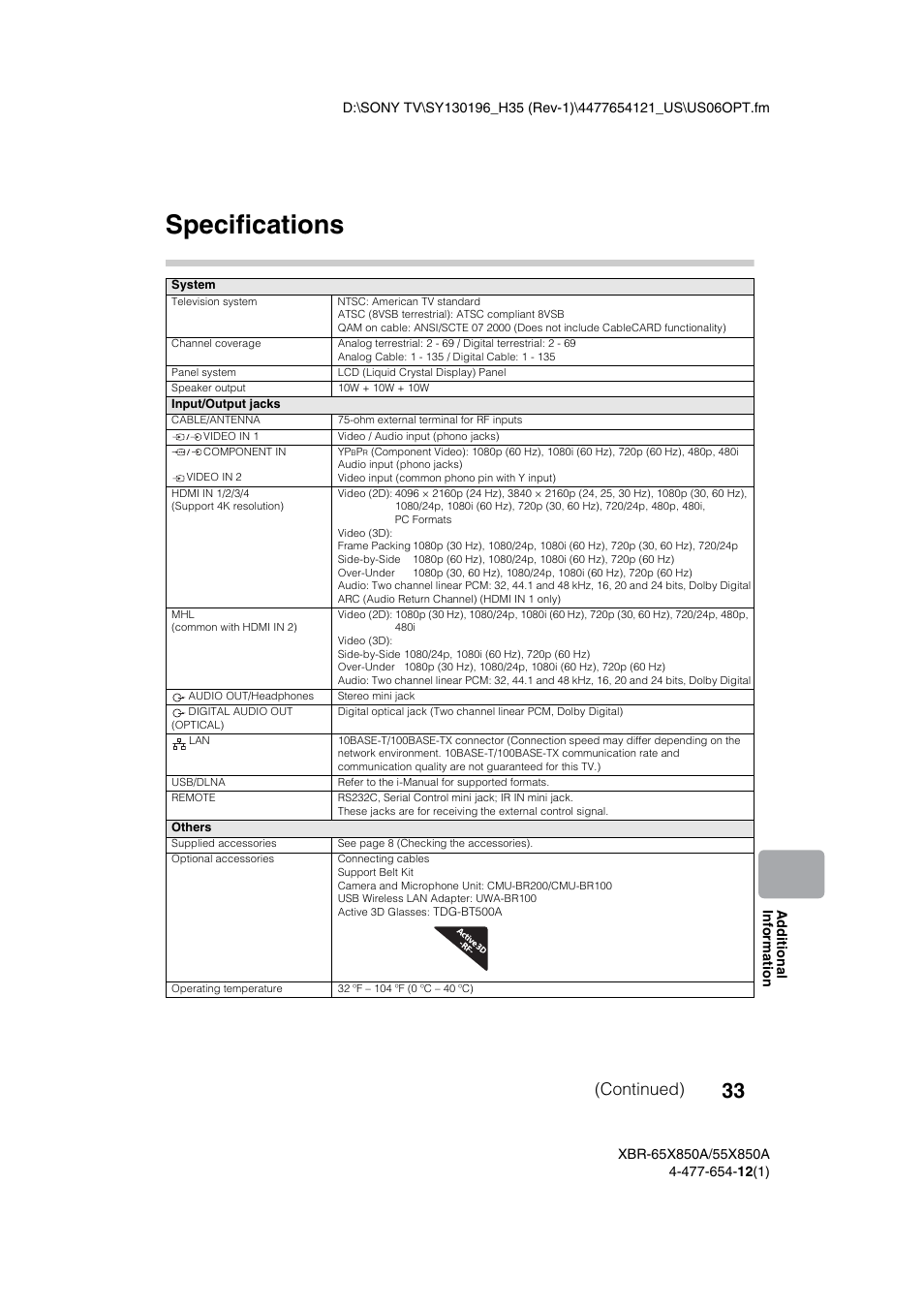 Specifications, Continued) | Sony XBR-55X850A User Manual | Page 33 / 36