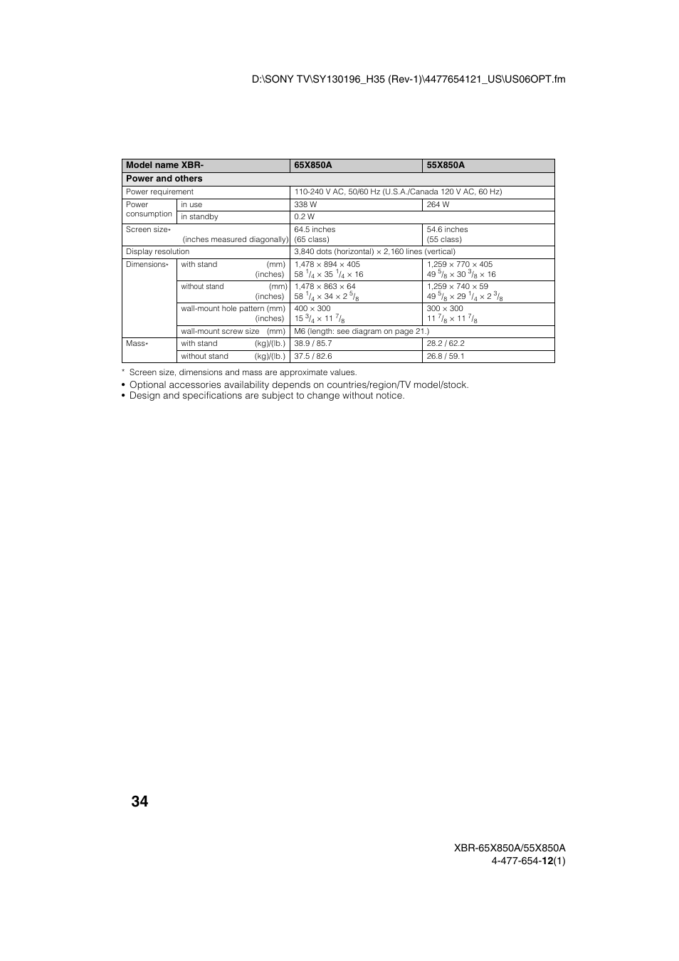 Sony XBR-55X850A User Manual | Page 34 / 36