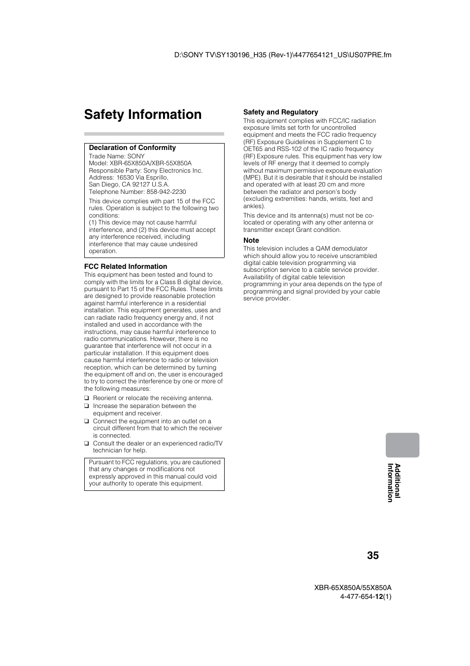 Safety information | Sony XBR-55X850A User Manual | Page 35 / 36