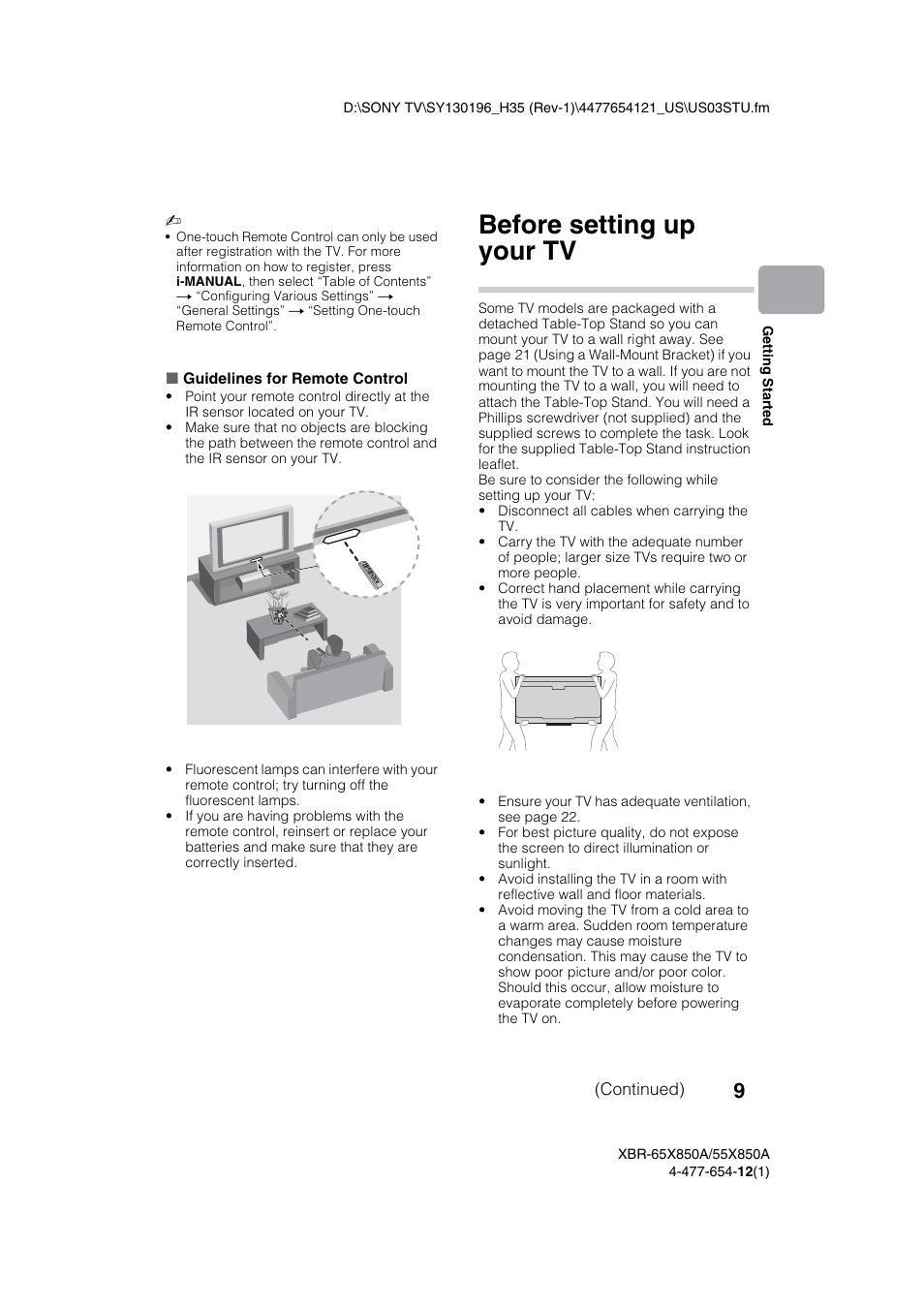 Before setting up your tv | Sony XBR-55X850A User Manual | Page 9 / 36