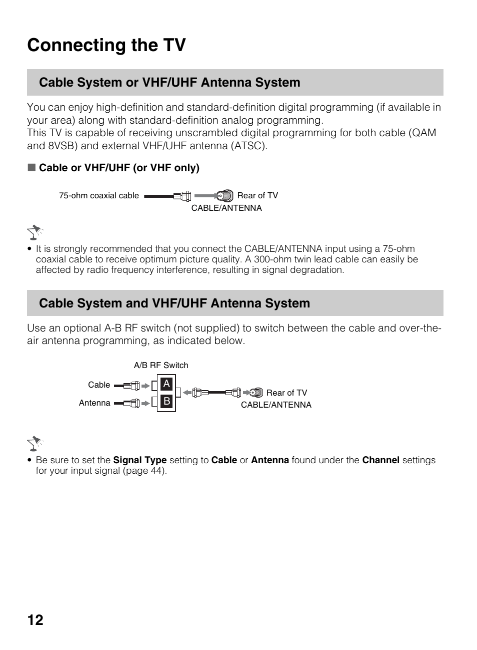 Connecting the tv, Cable system or vhf/uhf antenna system, Cable system and vhf/uhf antenna system | Sony KDL-42EX440 User Manual | Page 12 / 76